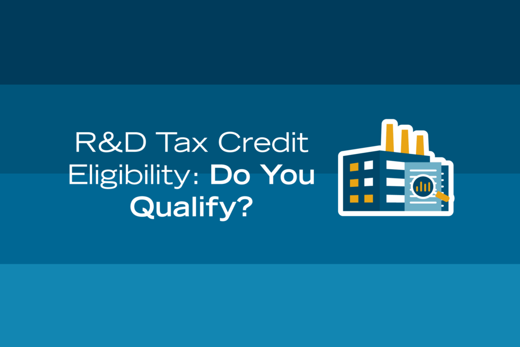 rd tax credit elgibility: do you qualify? blue background with a vector image of a buildng