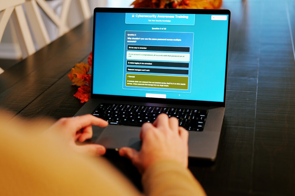 Laptop screen showing online employee cybersecurity training