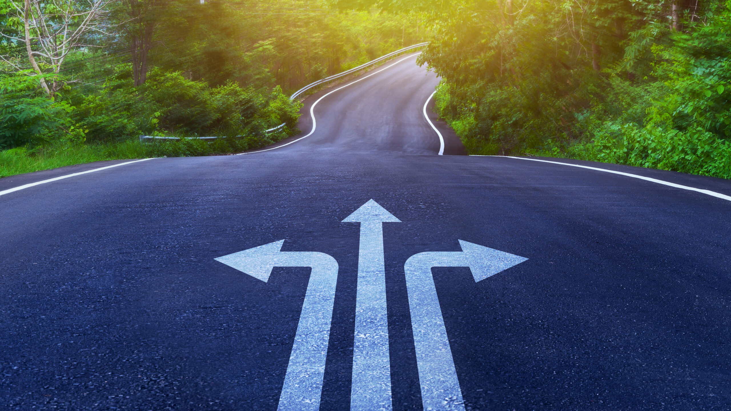 Arrows on a curving asphalt road indicating three direction choices, representing unknown factors.