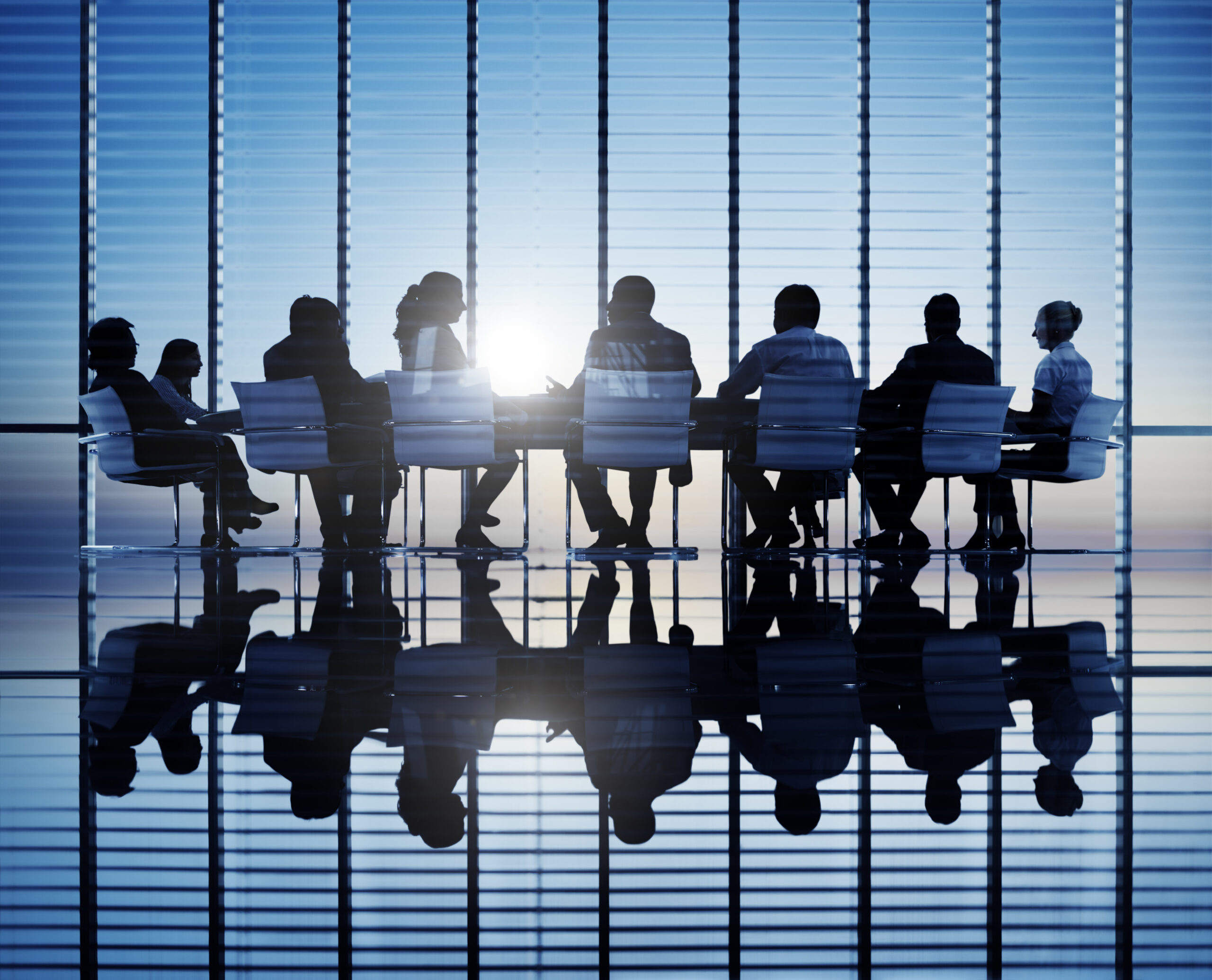 Silhouettes of nonprofit board members in a conference room.