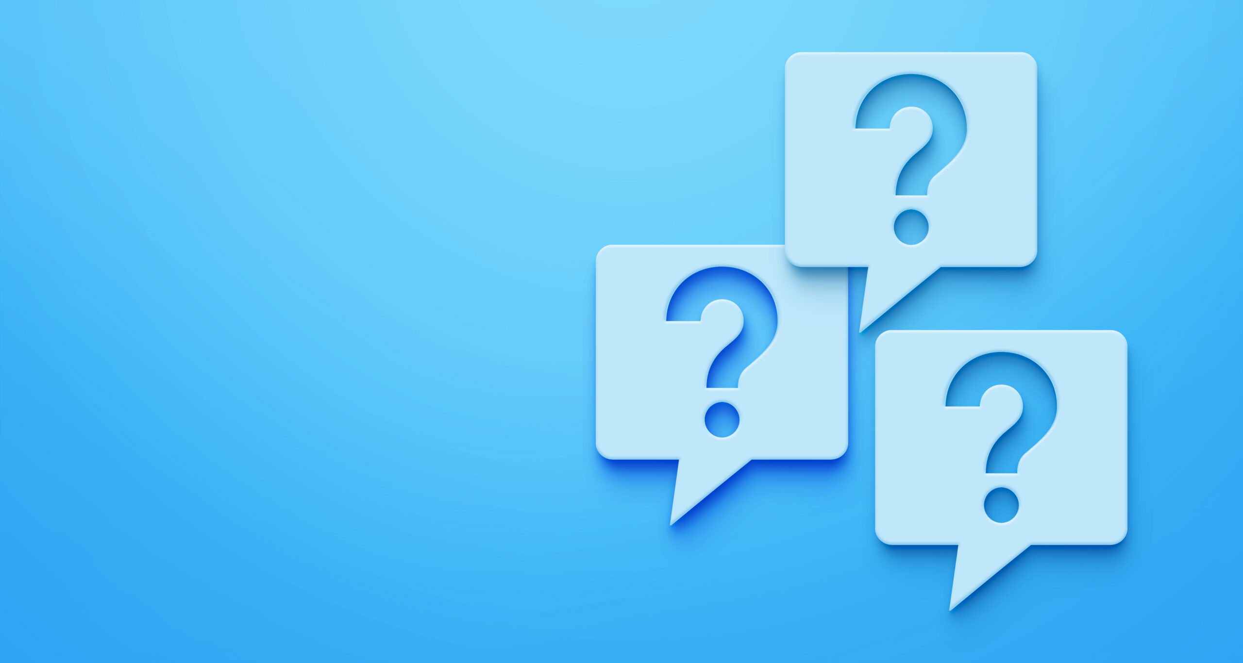 Three-dimensional speech bubbles, each containing a question mark, float against a solid blue background to illustrate the concept of frequent questions about accounting tech stacks.