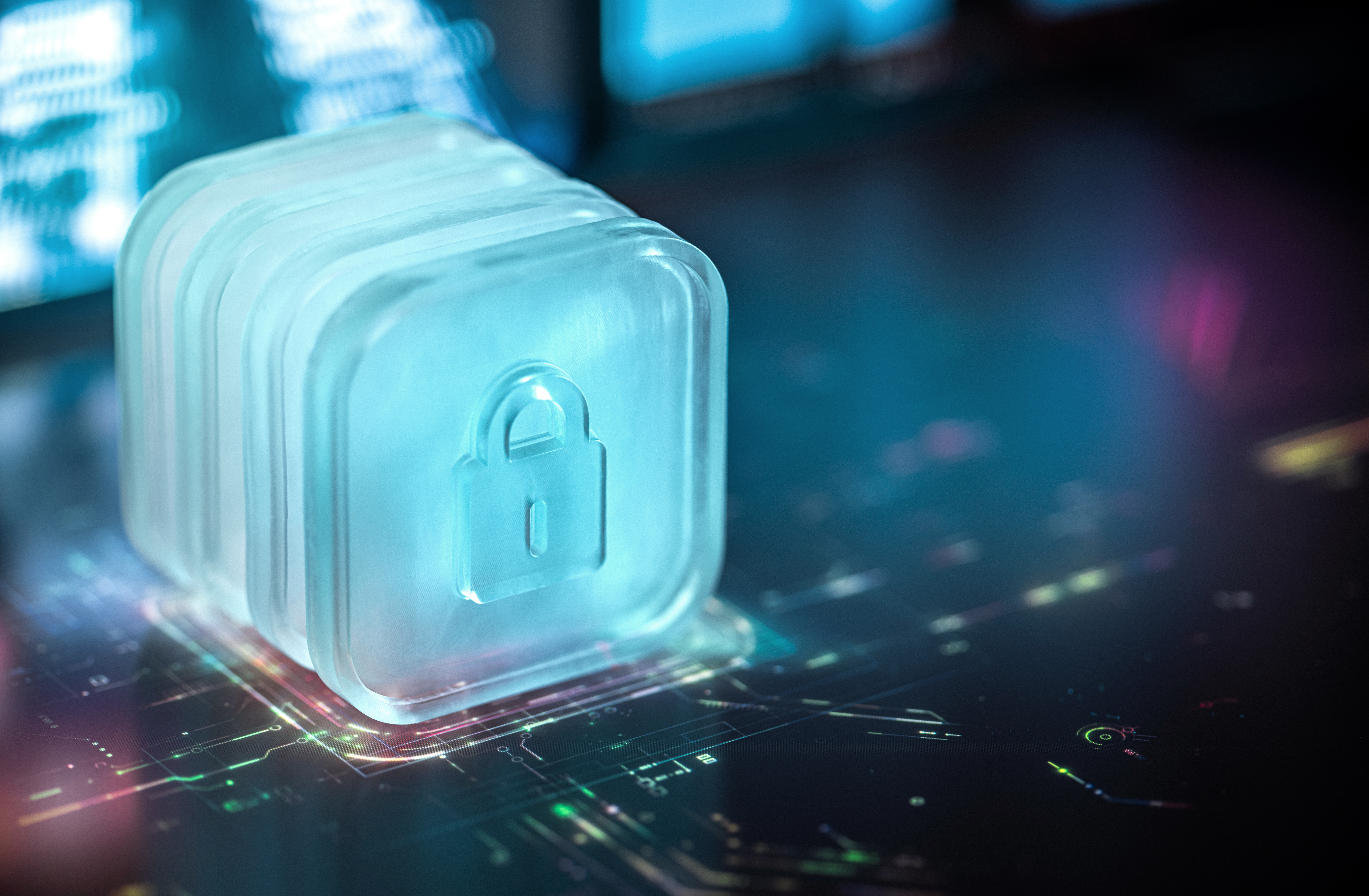 3D lock icon over data, symbolizing the importance of protecting against religious organization fraud threats.